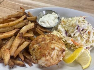 Crab Cake dinner with fries and coleslaw